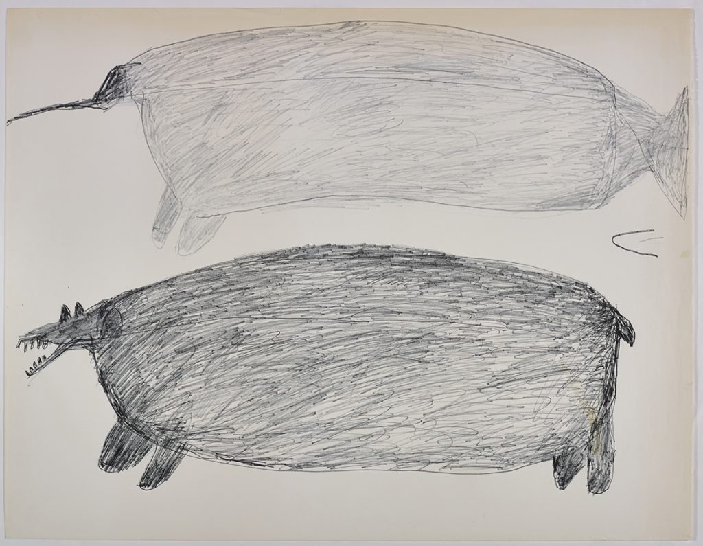 Un narval et un ours polaire. Œuvre bidimensionnelle exécutée en gris et noir.