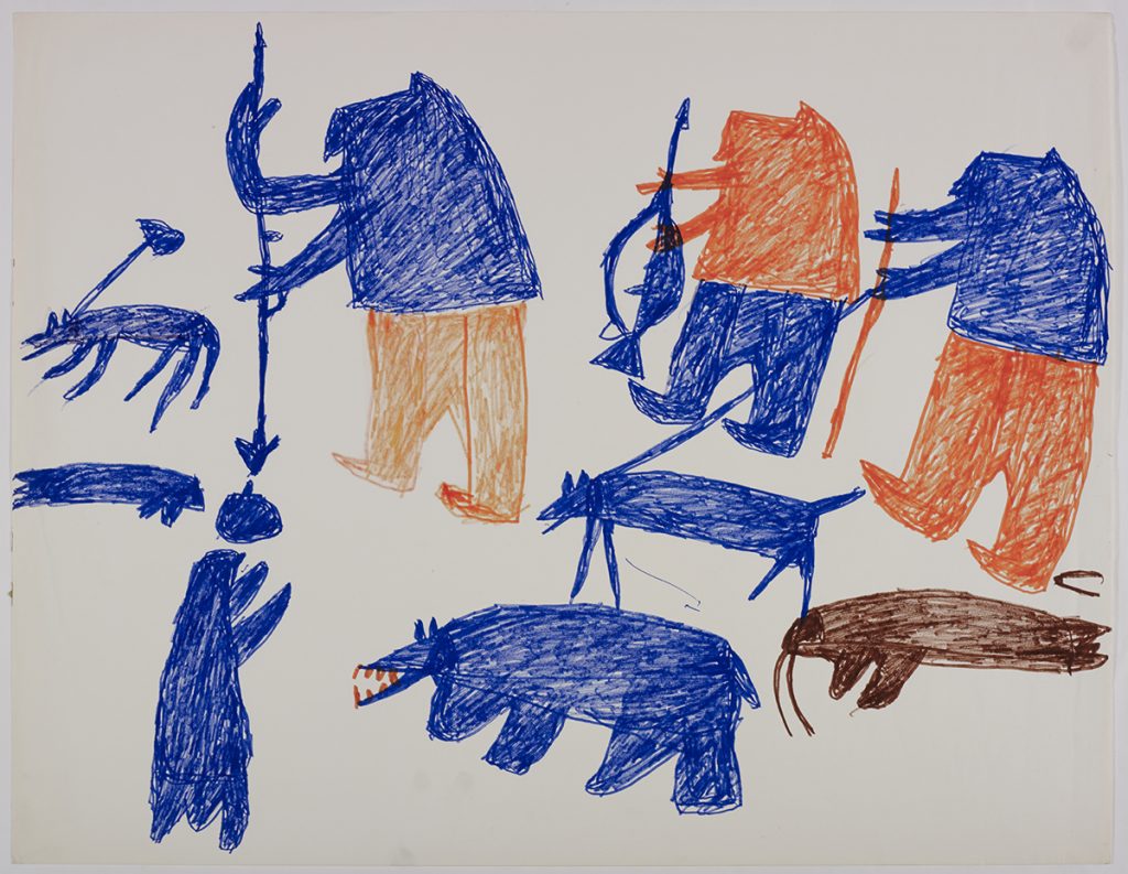 Dans le haut de la page, trois humains avec des armes et deux chiens; dans le bas, un morse, deux phoques et un ours polaire. Œuvre bidimensionnelle exécutée en orange, bleu et brun.