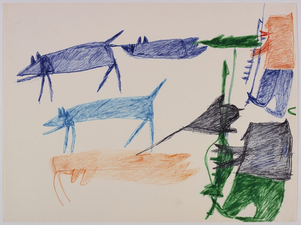 À gauche, deux chiens, dont un traînant un phoque, et un morse; à droite, deux chasseurs. Œuvre bidimensionnelle exécutée en orange, bleu foncé, vert, noir et bleu-vert.