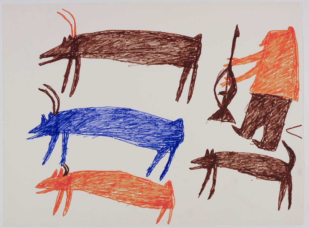 À gauche, trois caribous; à droite, un chasseur et un chien. Œuvre bidimensionnelle exécutée en orange, brun et bleu.