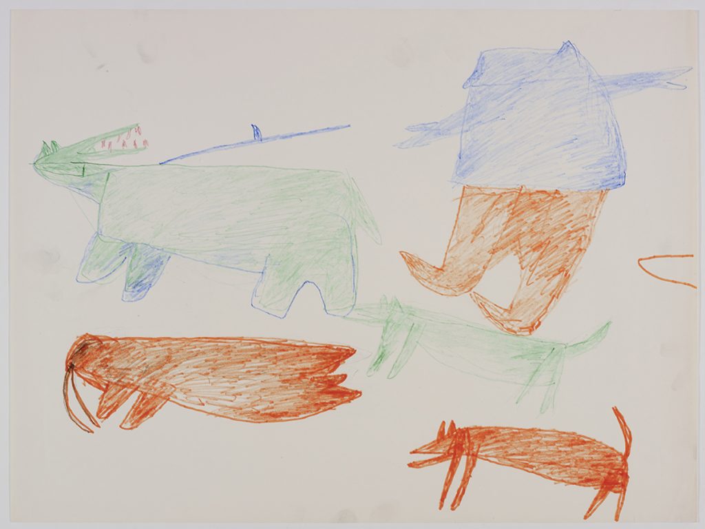 À gauche, dn ours et un morse; à droite, deux chiens et un chasseur. Œuvre bidimensionnelle exécutée en orange, vert et bleu.