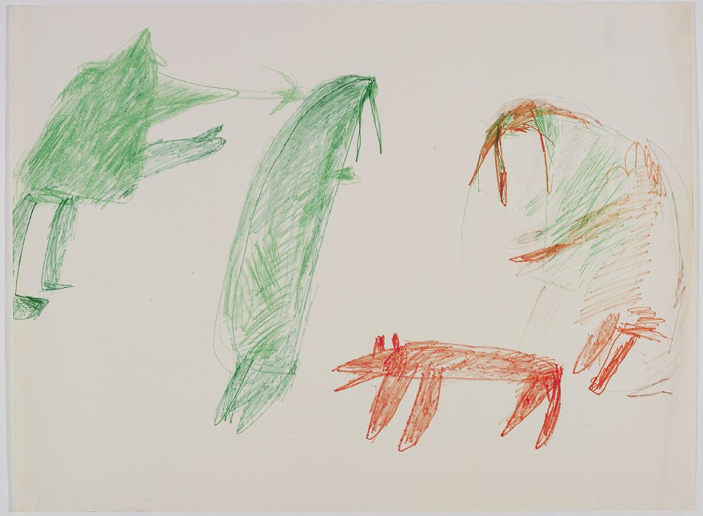 À gauhe, un chasseur poignardant un morse; à droite, un chien et un morse. Œuvre bidimensionnelle exécutée en vert et orange.