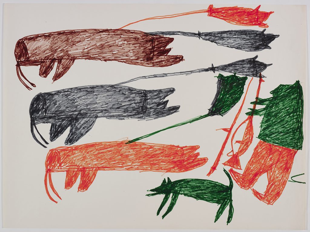 Three walrus with a floats on their backs on the left side and a dog and a hunter with a weapon on the right side of the page. They are depicted in a flat