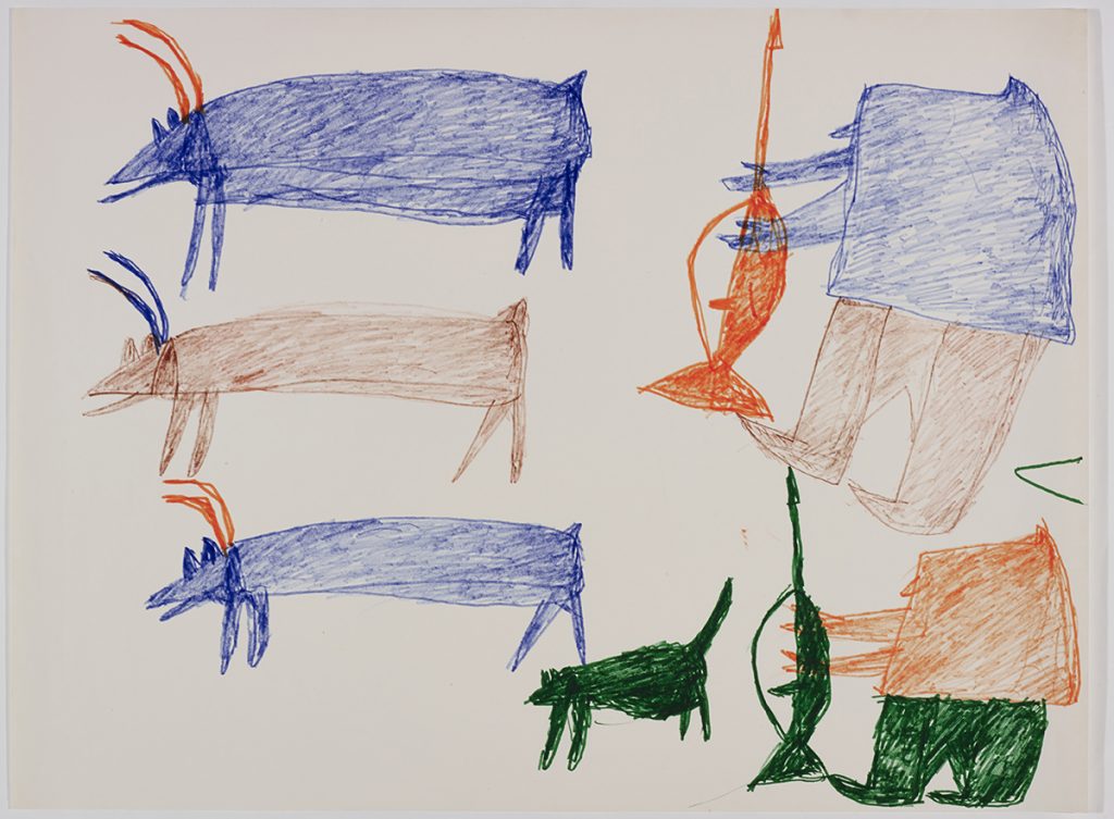 Three caribou on the left side and two hunters and a dog on the right side of the page. They are depicted in a flat