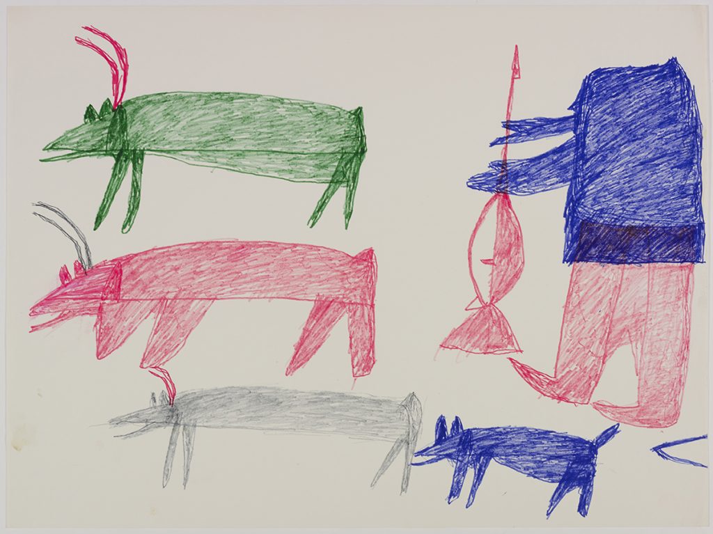 Three caribou on the left side and a hunter with a weapon and a dog on the right side of the page. They are depicted in a flat