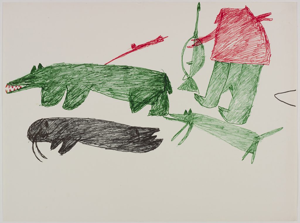 À gauche, un ours blessé et un morse; à droite, un chasseur et un chien. Œuvre bidimensionnelle exécutée en vert, rouge et noir.