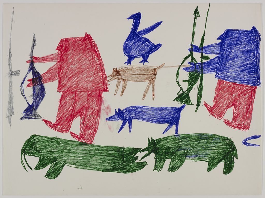 Dans le bas de la page, un ours et un morse; dans le haut, deux chasseurs et deux chiens avec un oiseau. Œuvre bidimensionnelle exécutée en vert, rouge, bleu et brun.