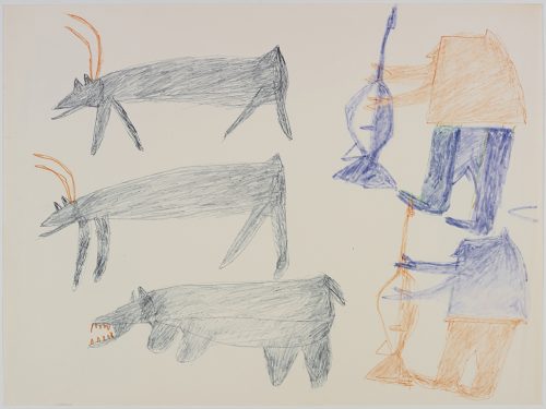 À gauche, deux caribous et un ours polaire; à droite, deux chasseurs avec des armes. Œuvre bidimensionnelle exécutée en gris, orange et bleu.