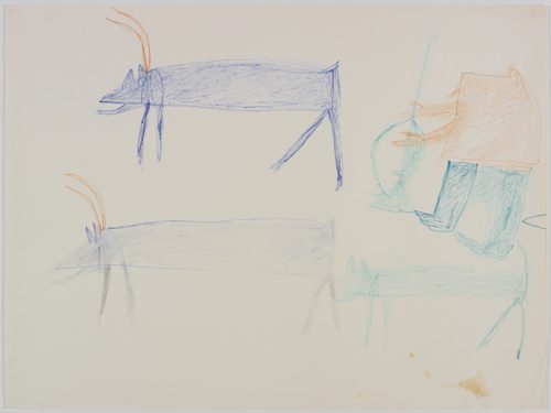 À gauche, deux caribous; à droite, un chasseur et un chien. Œuvre bidimensionnelle exécutée en bleu, bleu-vert et orange.