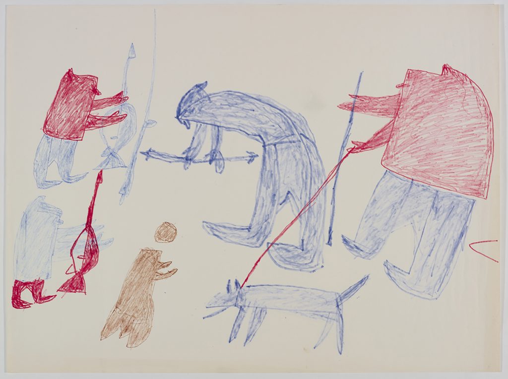 À gauche, deux chasseurs et un phoque sous la glace; à droite, deux chasseurs et un chien. Œuvre bidimensionnelle exécutée en bleu, rouge et brun.