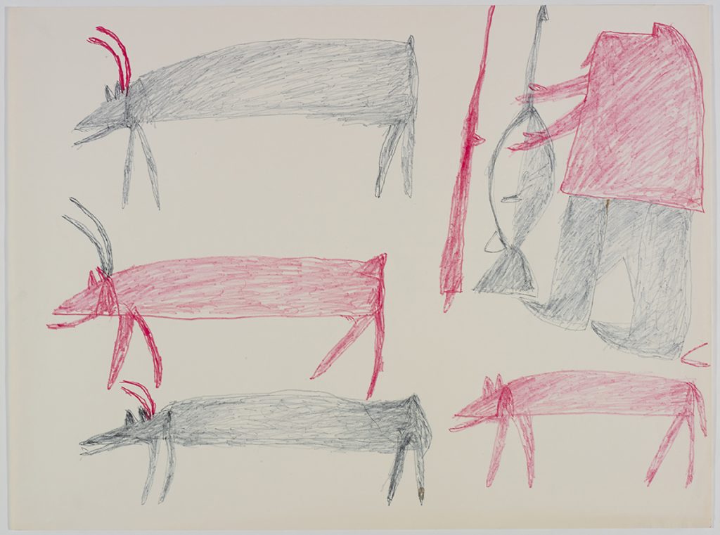 À gauche, trois caribous; à droite, un chasseur avec des armes et un chien. Œuvre bidimensionnelle exécutée en noir et rose.