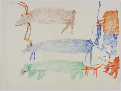 À gauche, deux caribous et un ours; à droite, deux chasseurs armés et un chien en laisse. Œuvre bidimensionnelle exécutée en brun, bleu, vert et orange.