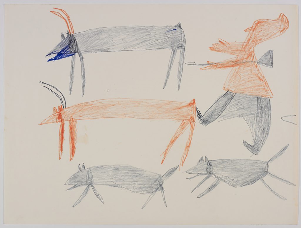 Two caribou and a dog on the left side and one dog and a hunter chasing the caribou on the right side of the page. They are depicted in a flat