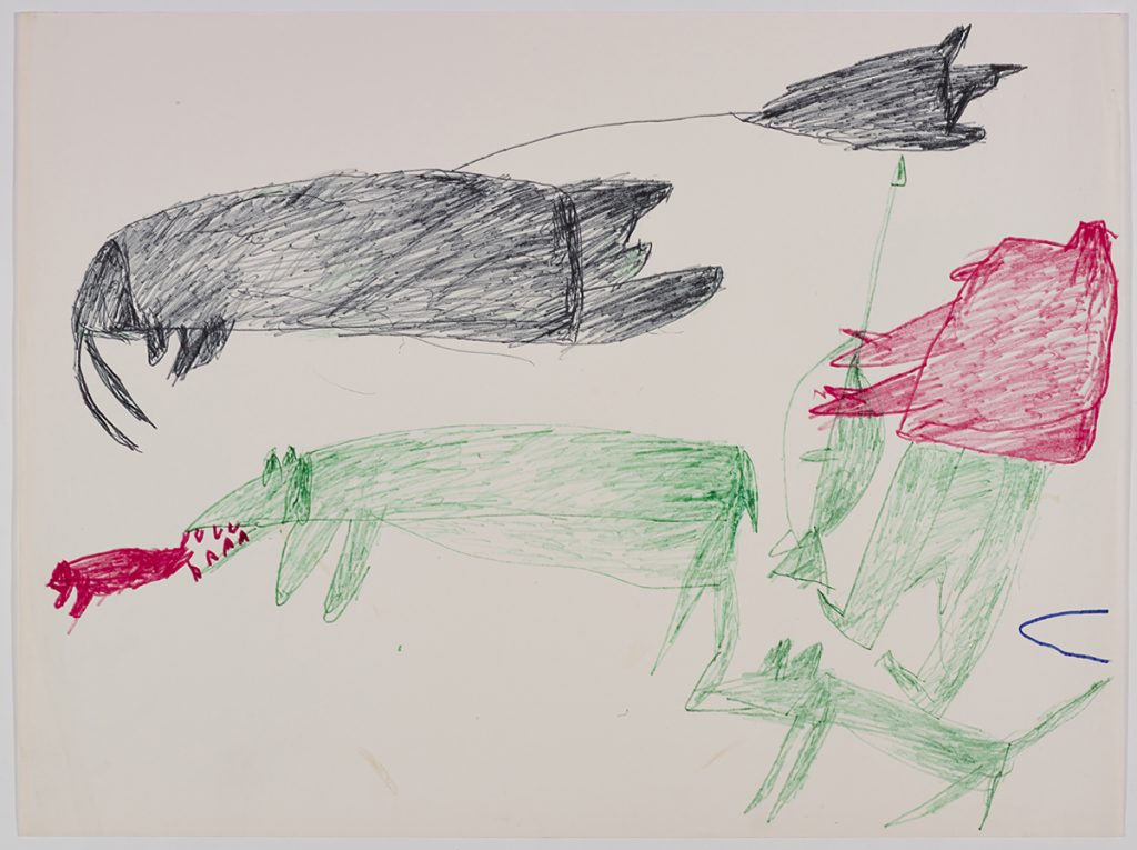 A walrus and a wolf biting a seal pup on the right side and a hunter with a gun