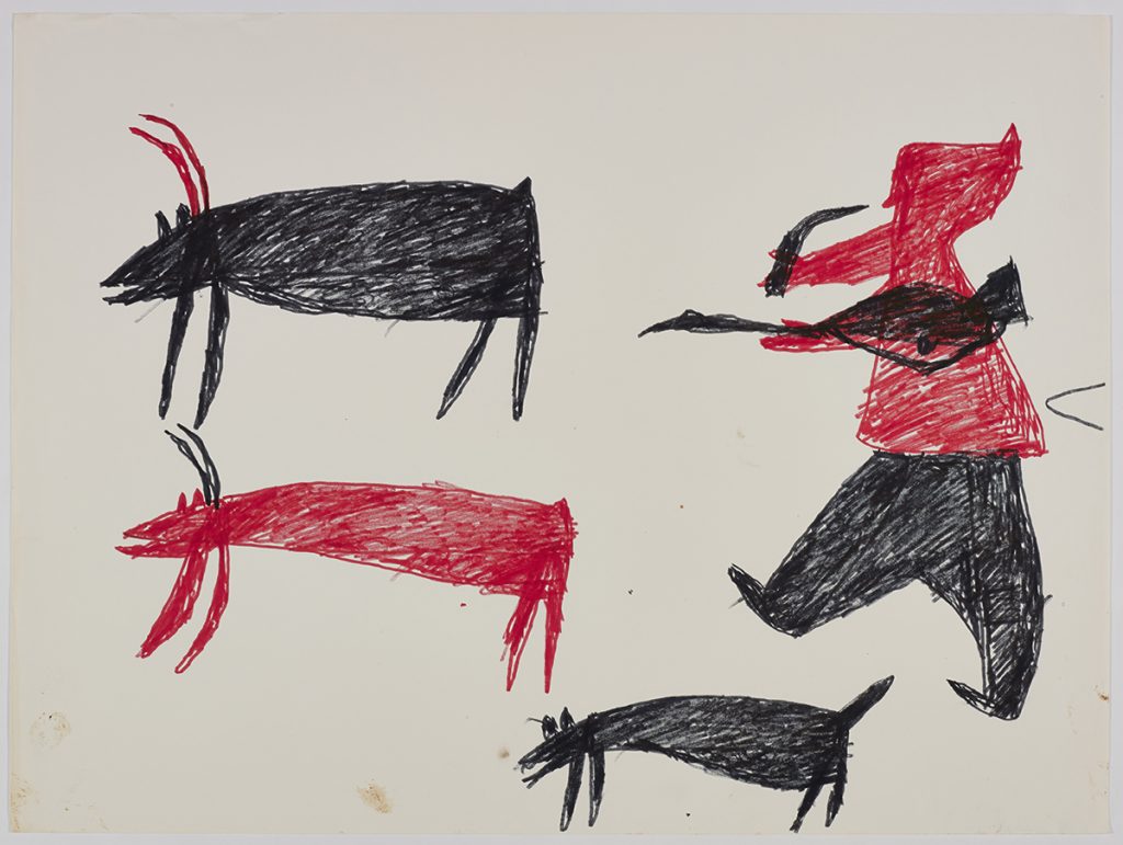 There are two caribou on the left side and a hunter with his weapons and a dog on the right side of the page. They are depicted in a flat