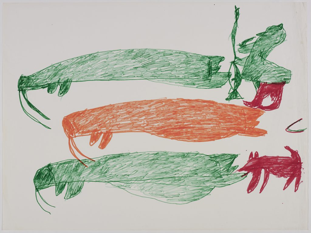 Three walrus on the left side and a hunter and a dog on the right side of the page. They are depicted in a flat