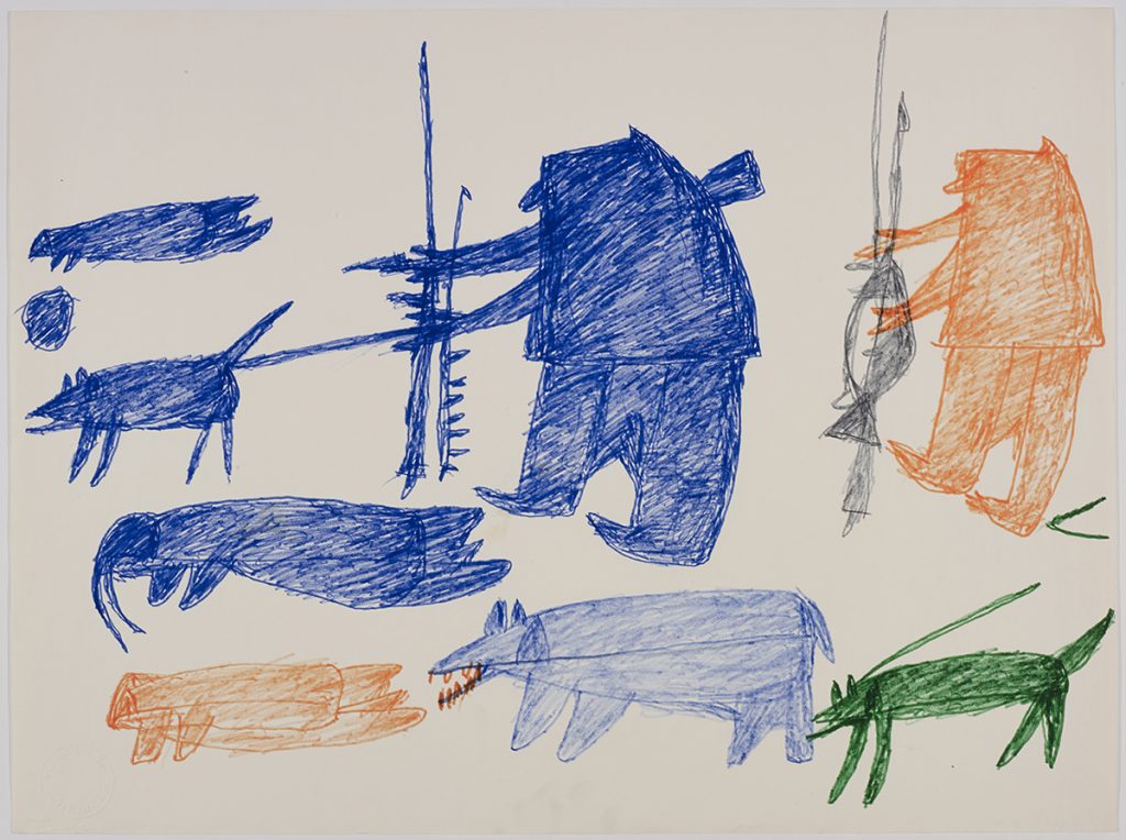 Dans le haut de la page, deux chasseurs munis d'armes, un chien en laisse et un phoque; dans le bas, un morse, un phoque près d'un trou de respiration et deux chiens. Œuvre bidimensionnelle exécutée en bleu, vert, orange et noir.