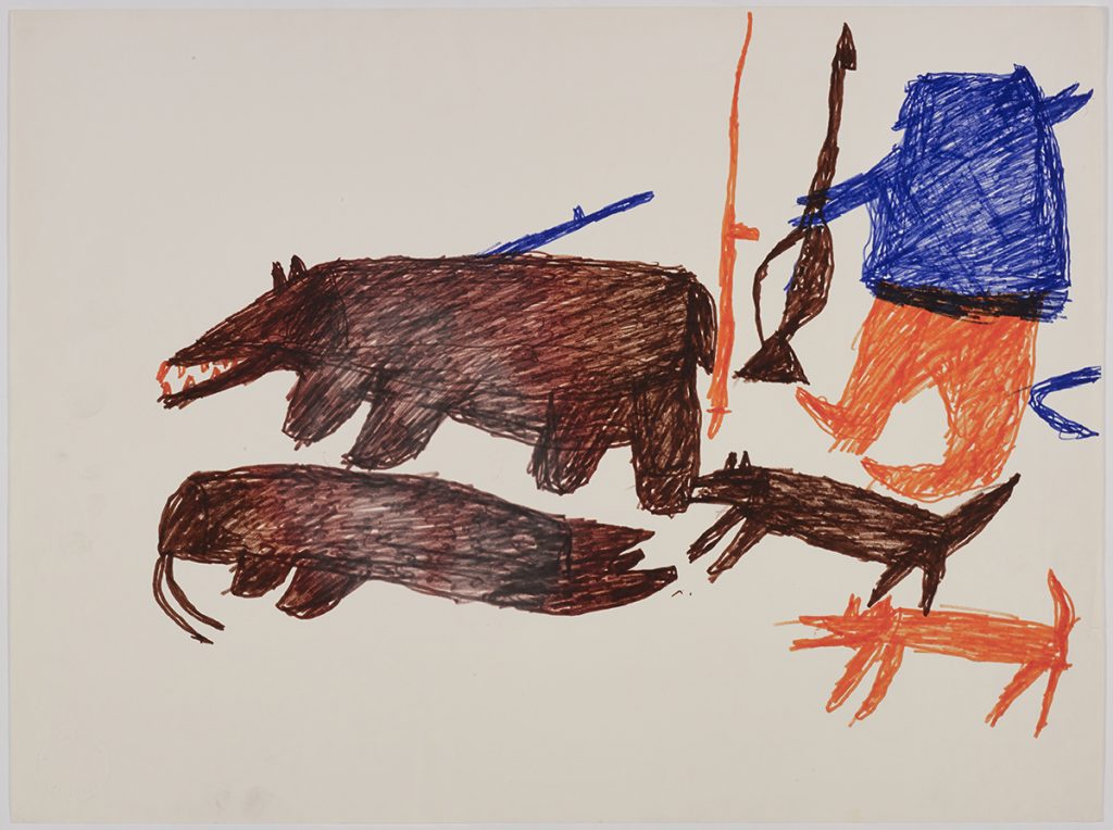 A walrus and a bear with a harpoon attached to it on the left side and two dogs and a hunter holding weapons on the right side of the page. They are depicted in a flat