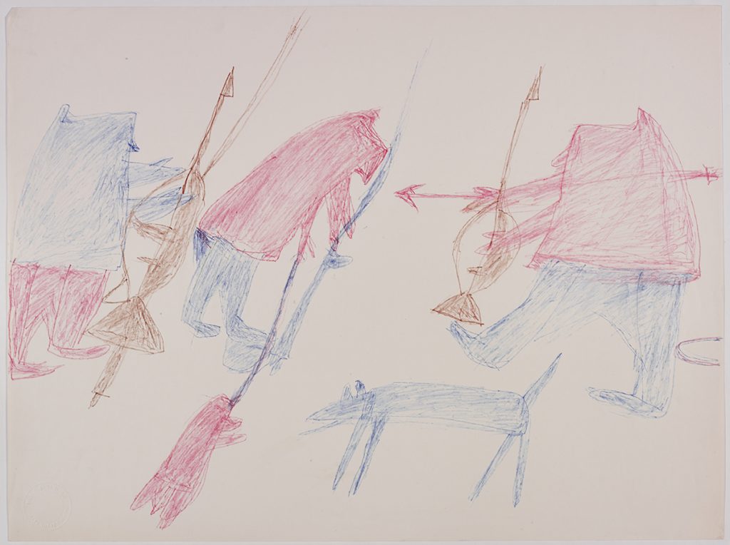 Two hunters holding weapons and dragging a seal on the left side and a hunter and a dog on the right side of the page. They are depicted in a flat