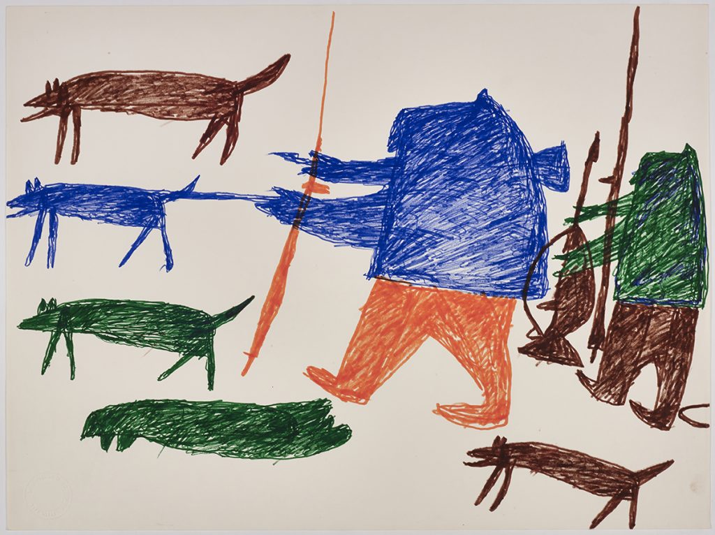 À gauche, trois chiens et un phoque; à droite, deux chasseurs avec des armes et un chien. Œuvre bidimensionnelle exécutée en brun, bleu, orange et brun.