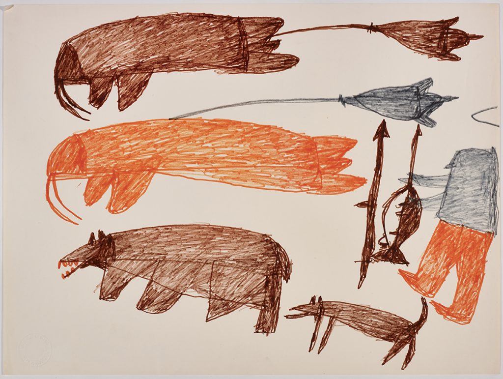 A polar bear and two walrus with buoys attached to them on the left side and a hunter with weapons and a dog below on the right side of the page. They are depicted in a flat