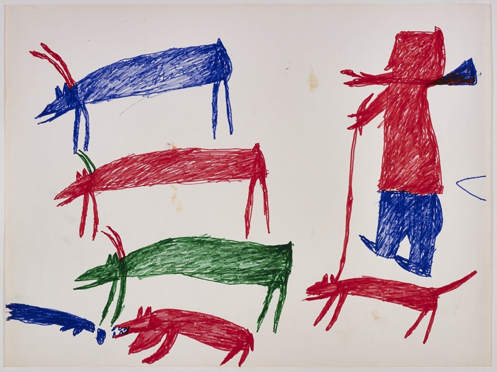 À gauche, trois caribous, un ours polaire et un phoque; à droite, un chasseur et un chien. Œuvre bidimensionnelle exécutée en rouge, bleu et vert.