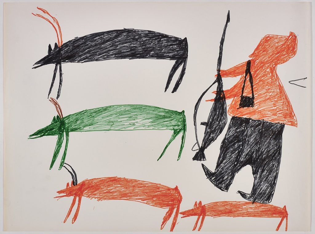 À gauche, trois caribous; à droite, un chasseur et un chien. Œuvre bidimensionnelle exécutée en noir, vert, orange et brun.