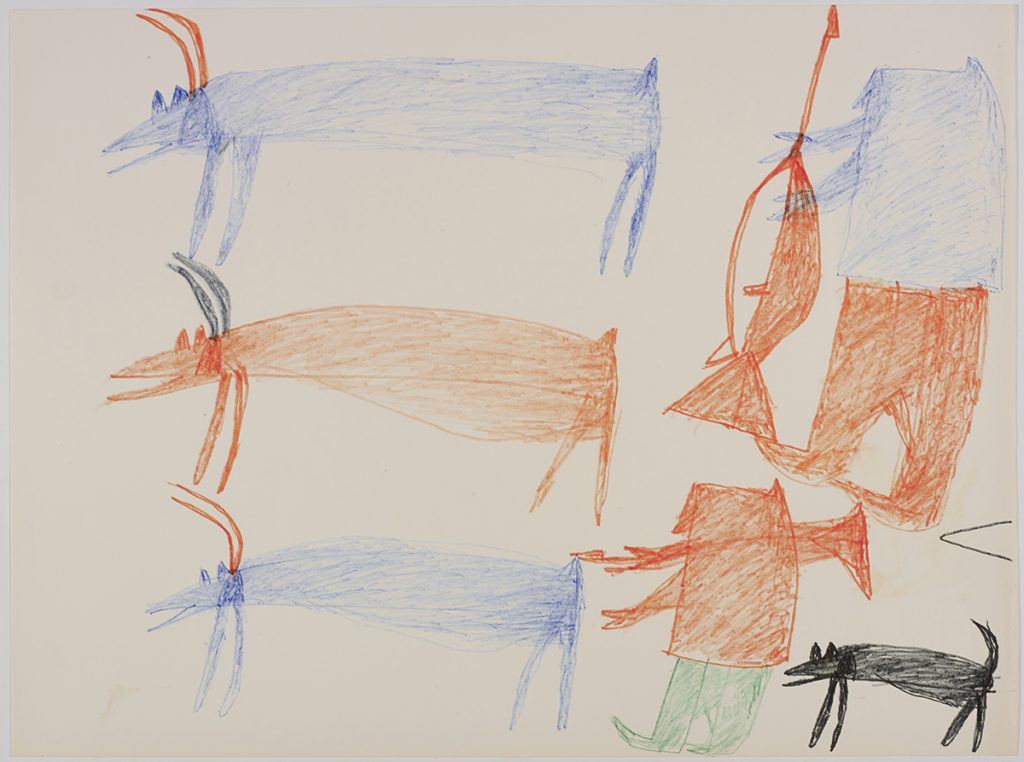 Two caribou and a walrus with a buoy on the left side and a hunter holding a weapon on the right side of the page. They are depicted in a flat