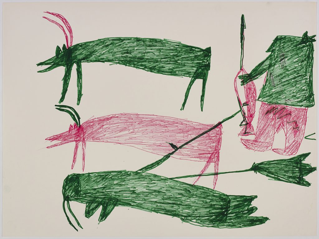 Two caribou and a walrus with a buoy on the left side and a hunter holding a weapon on the right side of the page. They are depicted in a flat