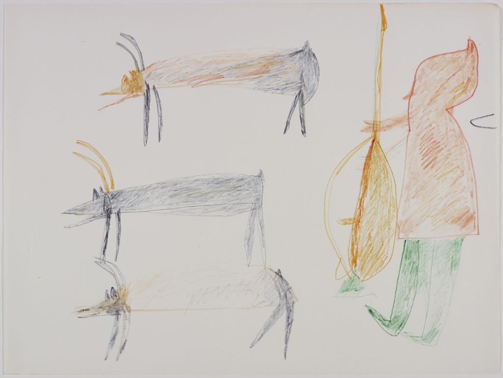 Three caribou on the left side and a hunter holding a weapon on the right side of the page. They are depicted in a flat