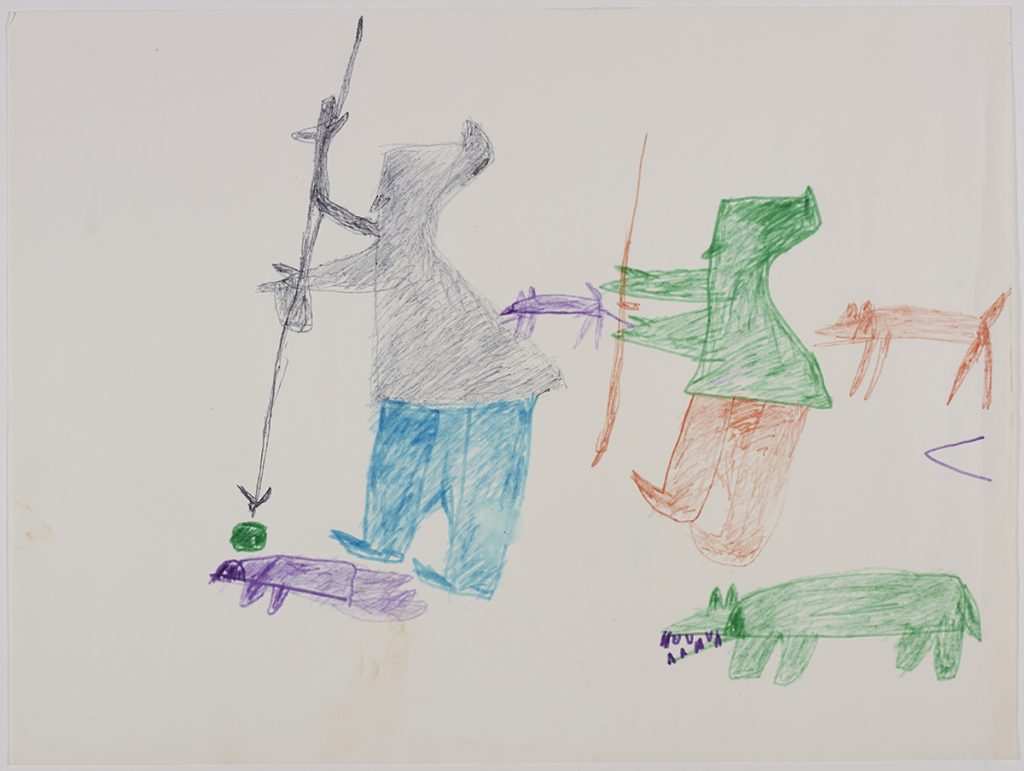 A hunter trying to kill a seal through a breathing hole and a dog on the left side and a hunter with his weapon