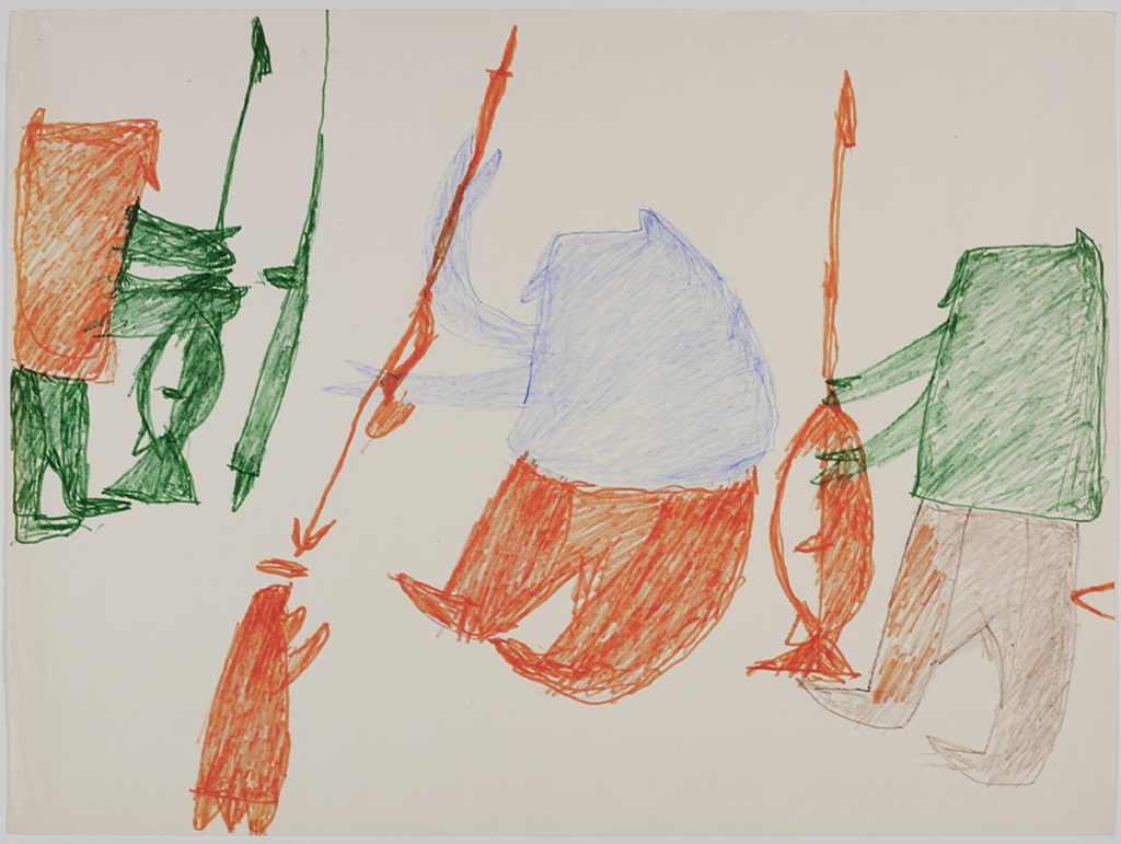 Two hunters with their weapons and a seal on the left side and one hunter with his weapon on the right side of the page. They are depicted in a flat