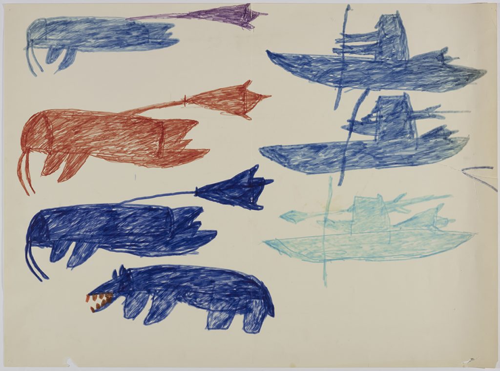 Three walrus with buoys and a polar bear on the left side and three hunters on kayaks holding weapons on the right side of the page. They are depicted in a flat