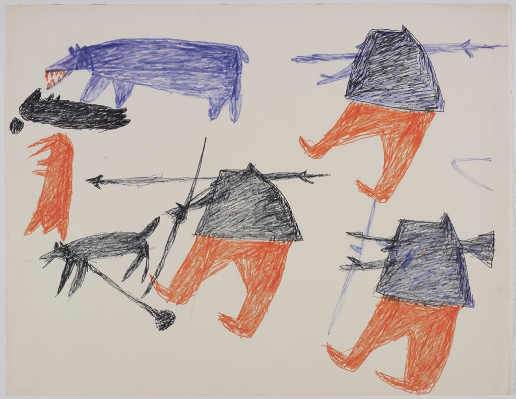 Two hunters with weapons on the right side and a hunter holding a weapon