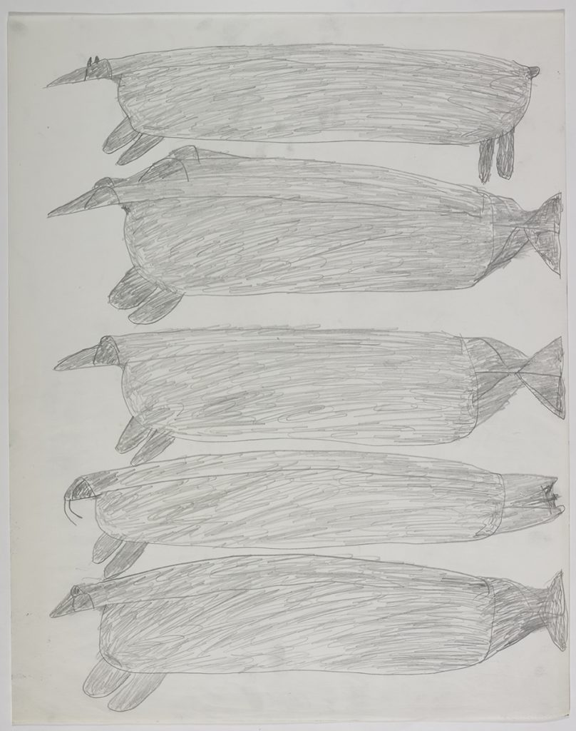 Un morse, trois créatures marines et une créature ressemblant à un chien. Œuvre bidimensionnelle exécutée en gris.