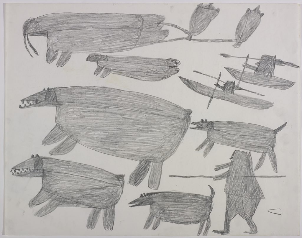 Dans le haut de la page, un morse tirant deux flotteurs en peau de phoque, un phoque et deux chasseurs en kayak avec des harpons; dans le bas, deux ours polaires près de deux chiens et un chasseur avec une lance. Œuvre bidimensionnelle exécutée en gris.