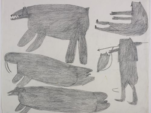 À gauche, un ours polaire, un phoque et un morse; à droite un Inuit assis et un chasseur avec un harpon et un flotteur en peau de phoque. Œuvre bidimensionnelle exécutée en gris.