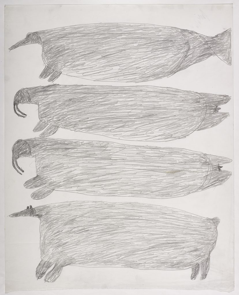 Dans le haut de la page, une créature ressemblant à une baleine et un morse; dans le bas, un morse et un ours polaire. Œuvre bidimensionnelle exécutée en gris.