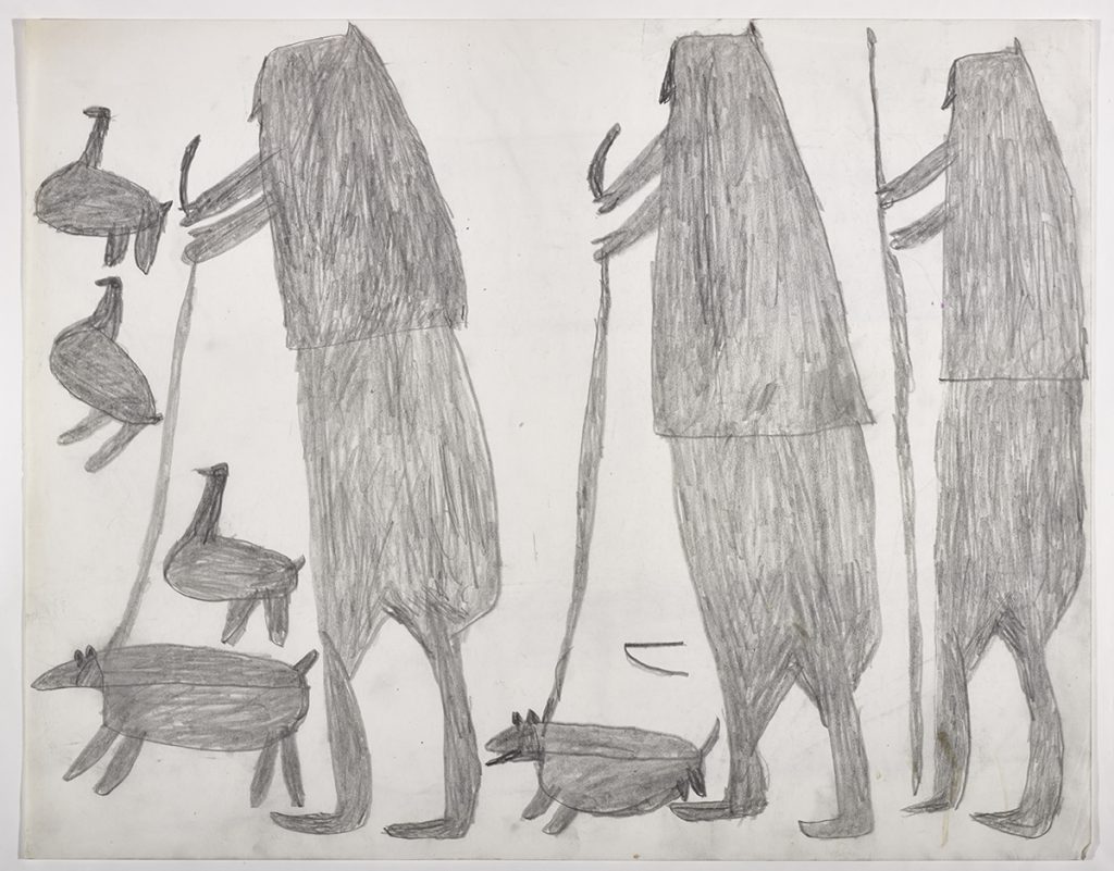 À gauche, un chasseur tenant un chien en laisse et trois oiseaux; à droite, un chasseur avec un harpon à côté d'un autre chasseur tenant un chien sen laisse. Œuvre bidimensionnelle exécutée en gris.