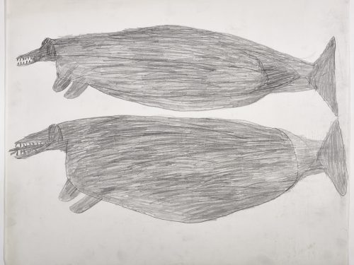 Dans le haut de la page, une créature ressemblant à une baleine; dans le bas, une autre créature ressemblant à une baleine. Œuvre bidimensionnelle exécutée en gris.