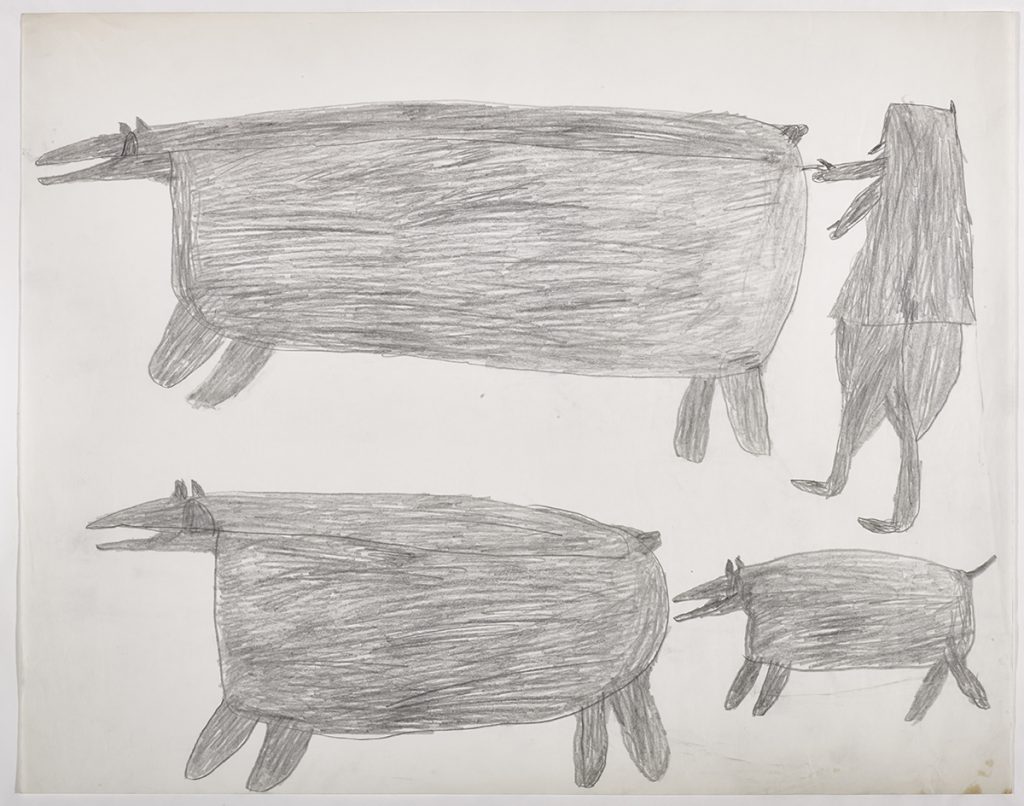 À gauche, deux gros ours polaires; à droite, un chasseur et un petit ours. Œuvre bidimensionnelle exécutée en gris.