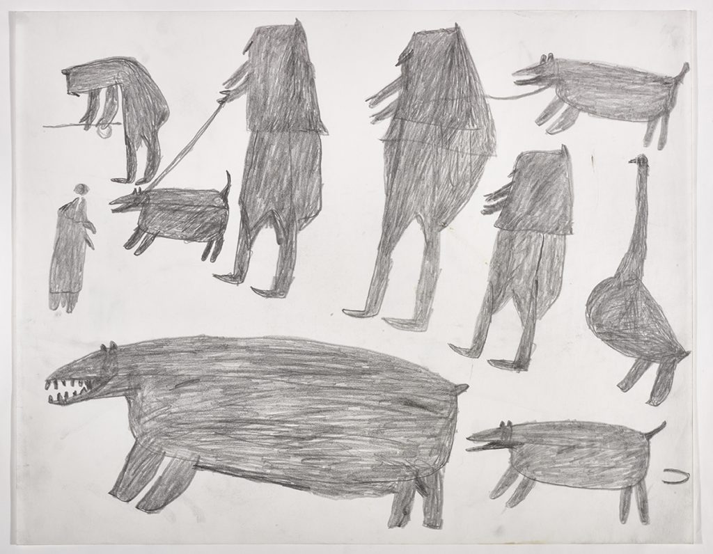 Quatre chasseurs, dont deux tiennent un chien en laisse entouré de deux ours polaires, un phoque et un oiseau. Œuvre bidimensionnelle exécutée en gris.