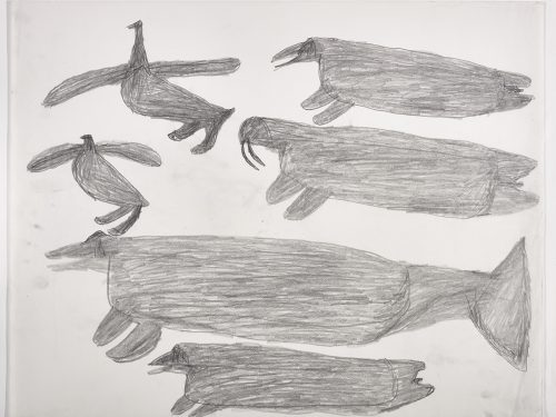 Dans le haut de la page, deux oiseaux aux ailes déployées, un phoque et un morse; dans le bas, une baleine et un phoque. Œuvre bidimensionnelle exécutée en gris.