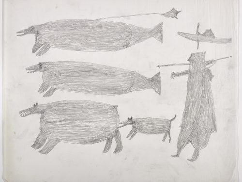 À droite, deux chasseurs, l'un en kayak et l'autre marchant avec un chien; à gauche, deux baleines et un ours polaire. Œuvre bidimensionnelle exécutée en gris.