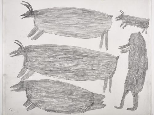 À gauche, deux caribous et un phoque; à droite, un caribou et un chasseur. Œuvre bidimensionnelle exécutée en gris.