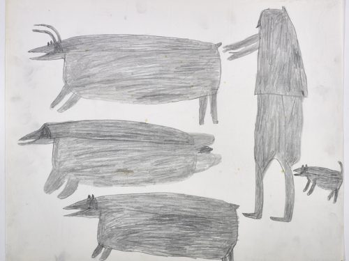 A caribou, a seal and a polar bear on the left side and a hunter and a dog on the right side of the page. They are depicted in a flat, two-dimensional style with minimal detail using grey.