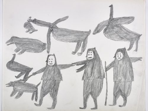 Dans le haut de la page, trois oiseaux, un phoque et deux chiens; dans le bas, trois humains avec quatre yeux. Œuvre bidimensionnelle exécutée en gris.