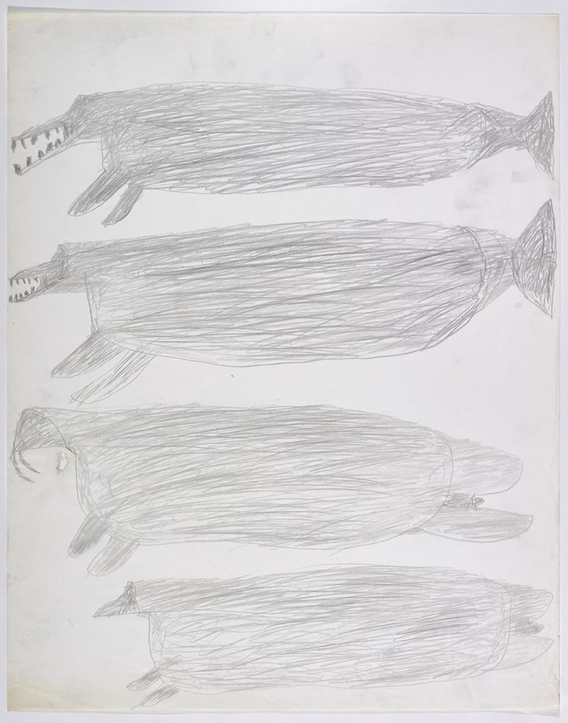 Dans le haut de la page, deux animaux ressemblant à des baleines tournés vers la gauche; dans le bas, un morse et un phoque également tournés vers la gauche. Œuvre bidimensionnelle exécutée en gris.