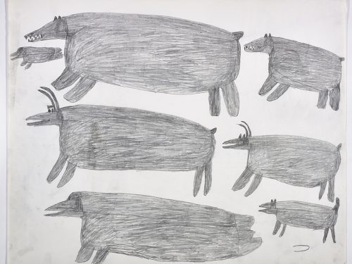 Dans le haut de la page, un phoque et deux ours polaires; dans le bas, deux caribous, un phoque et un chien. Œuvre bidimensionnelle exécutée en gris.