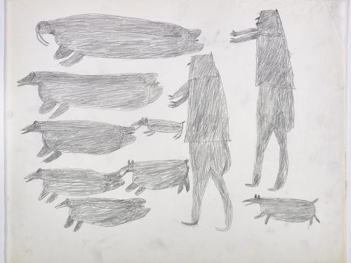 À droite, deux figures humaines et un chien; à gauche, quatre phoques, un morse et deux chiens. Œuvre bidimensionnelle exécutée en gris.